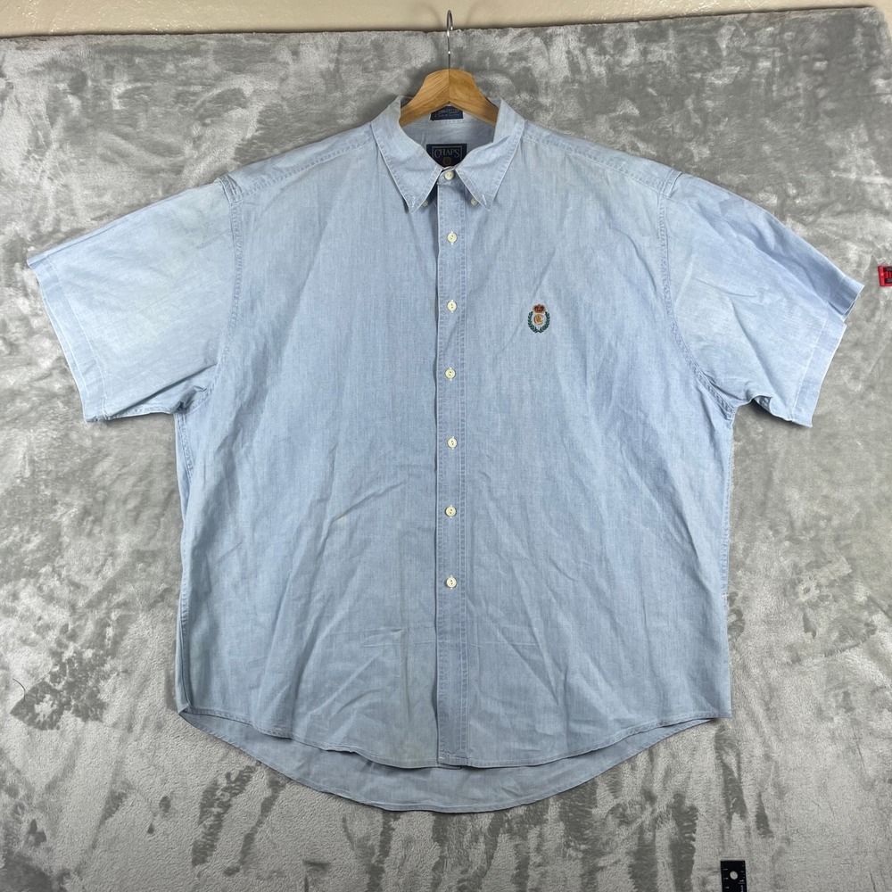 Vintage 90s Ralph Lauren Denim Chambray Button Down Shirt Short Sleeve Mens XL